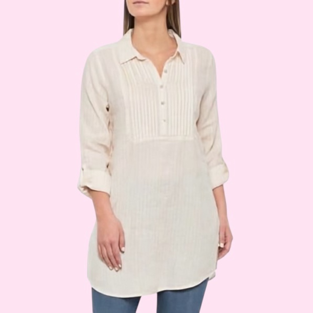 NWT Cynthia Rowley Yellow Striped Half Button Roll-Tab Sleeve 100% Linen Tunic S